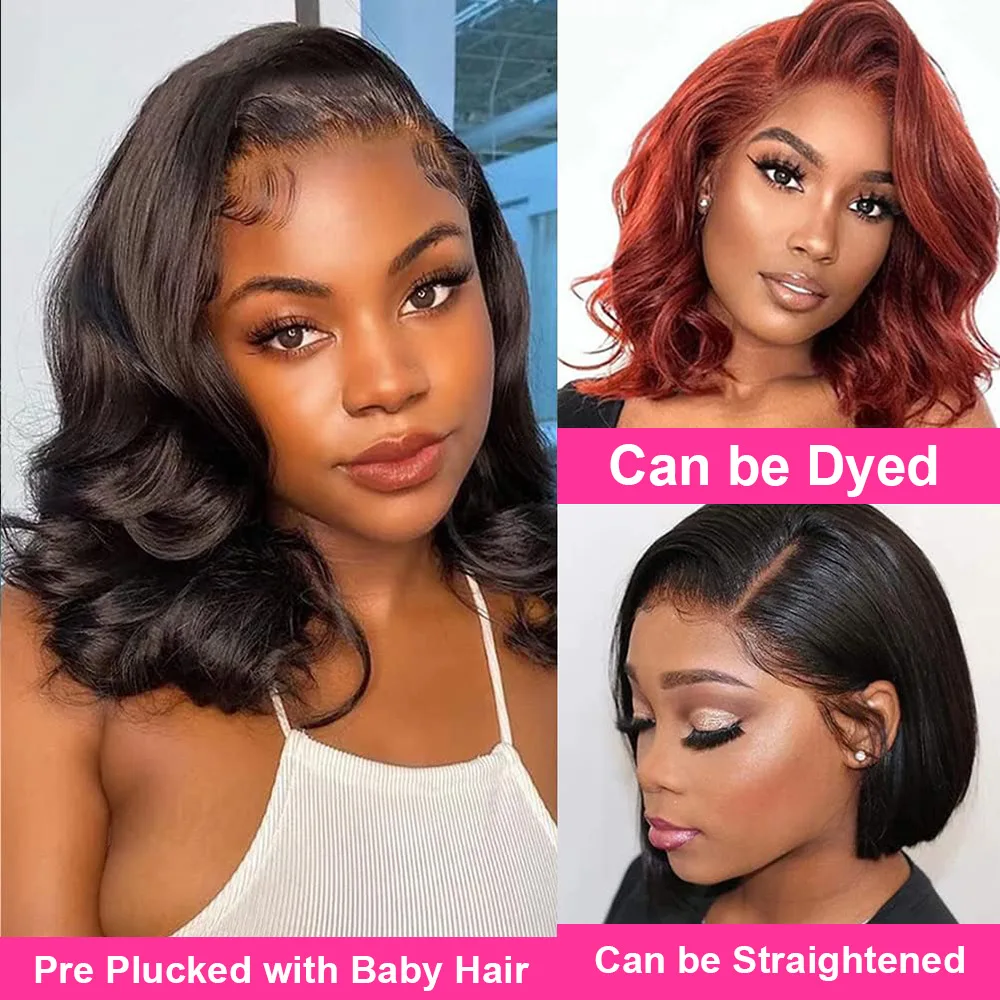 Hair Color: #1, Ships From: United States, Stretched Length: 10inches, Density: 180% - 7x5 Glueless Ready To Wear And Go Pre plucked 180 Density Body Wave Short Bob Human Hair Wigs 13x4 Lace Frontal Human Hair Wig