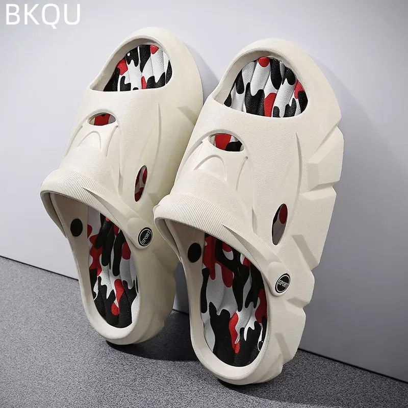 Color: Beige, Shoe Size: 42 - Men's Beach Slippers Round Toe Lightweight Flat Bottom Waterproof Comfortable Trend Versatile Breathable Non-slip Large Size