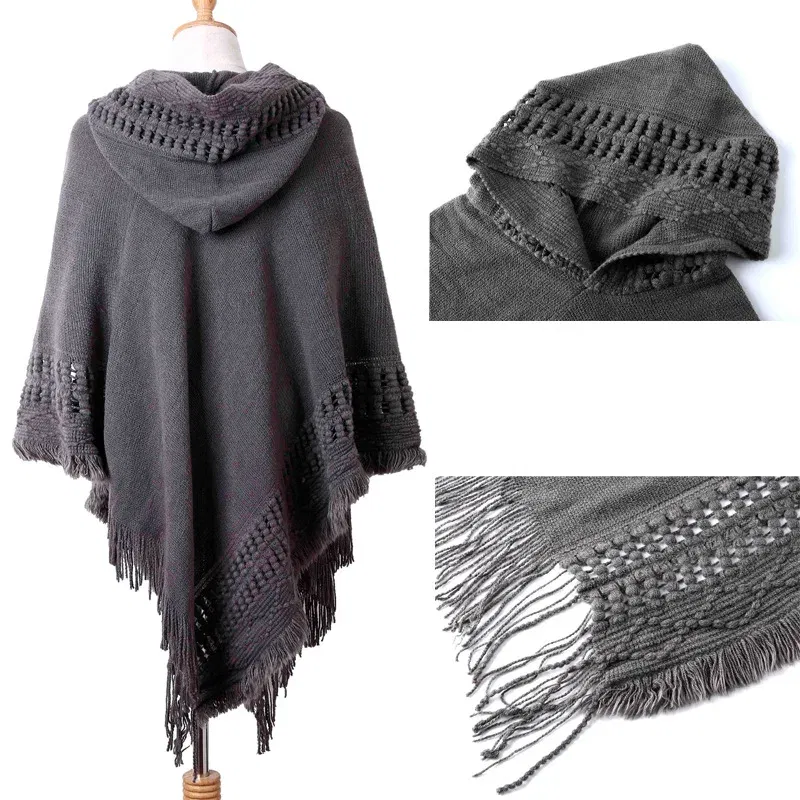 Color: BROWN, Size: One Size - New Women Ladies Tassel Cape Coat Fringe Poncho Oblique Stripe Coat Bohemian Shawl Scarf