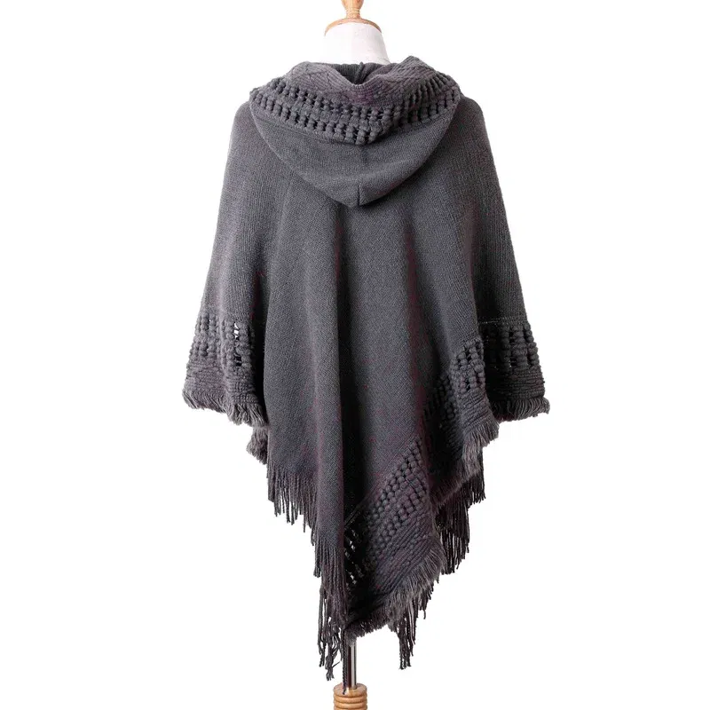 Color: BROWN, Size: One Size - New Women Ladies Tassel Cape Coat Fringe Poncho Oblique Stripe Coat Bohemian Shawl Scarf