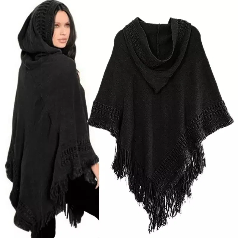 Color: BROWN, Size: One Size - New Women Ladies Tassel Cape Coat Fringe Poncho Oblique Stripe Coat Bohemian Shawl Scarf