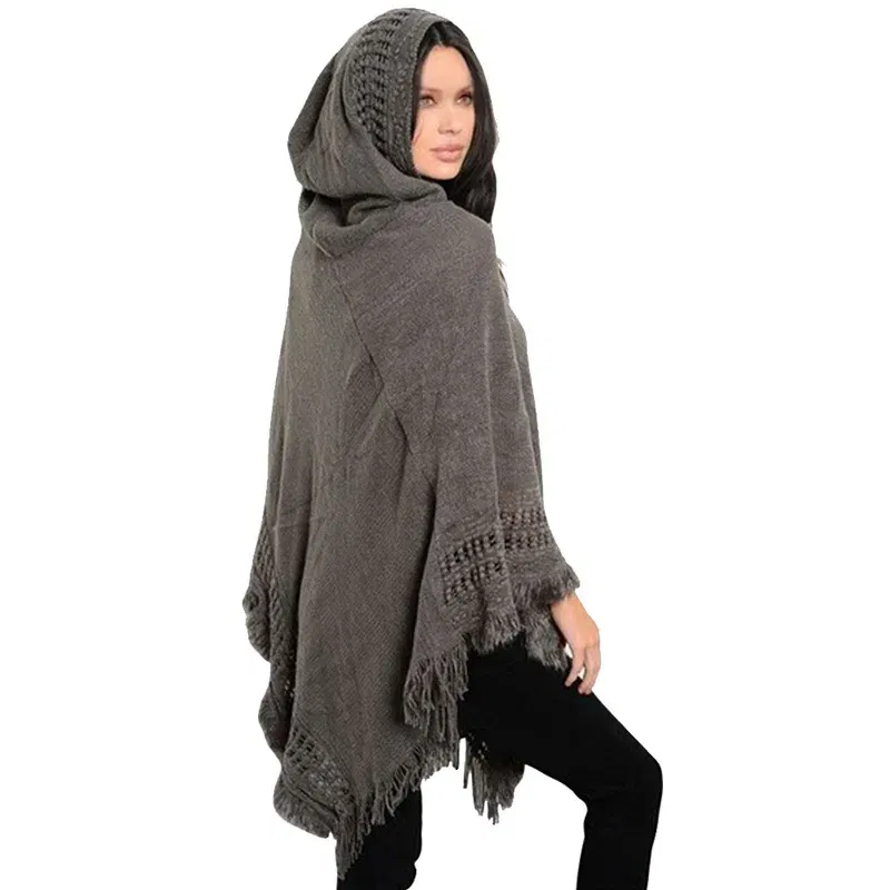 Color: BROWN, Size: One Size - New Women Ladies Tassel Cape Coat Fringe Poncho Oblique Stripe Coat Bohemian Shawl Scarf