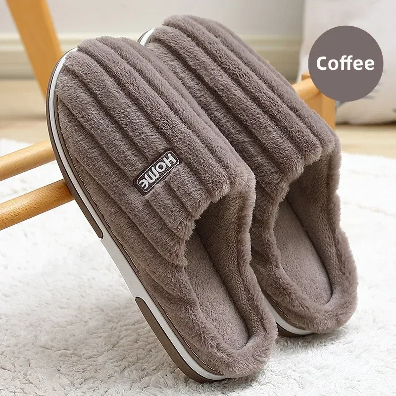 Color: Clear, Shoe Size: 42-43 - New Men Big Size 48 49 Winter Warm Slippers Women Soft Plush Furry Shoes Casual Flats Home Couples Bedroom Anti-Slip Slides