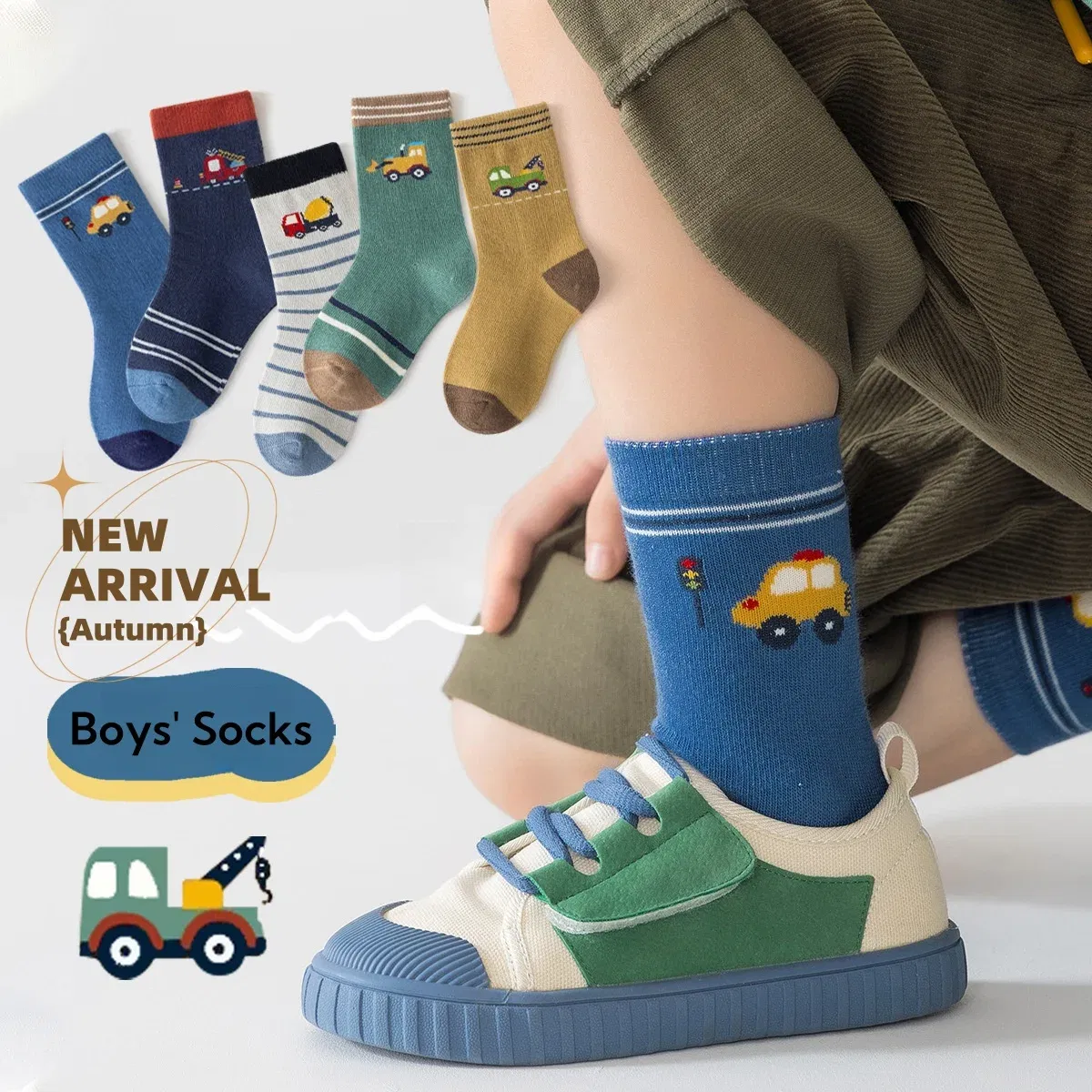 Color: GRAY, Size: 2-3T - Autumn Socks Baby Socks Cute Truck Car Pattern Socks Boys Medium Socks Kids Autumn Winter Cotton Socks 5packs