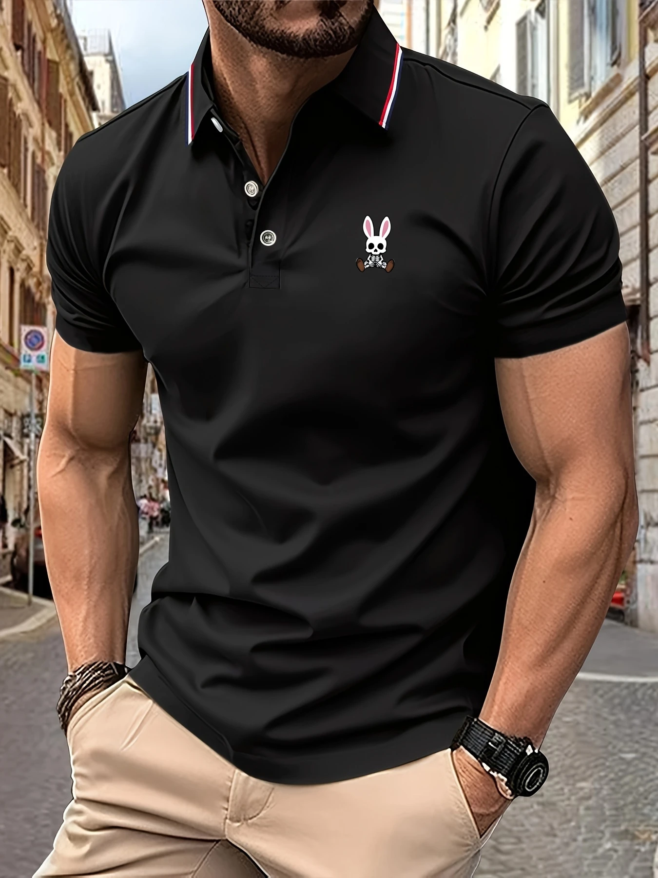 Color: Blue, Size: S - Mens Polo Shirts Skulls Rabbit Print 2025 New Summer Lapel Stripes Men Short Sleeve Casual Breathable Light Luxury T-Shirt