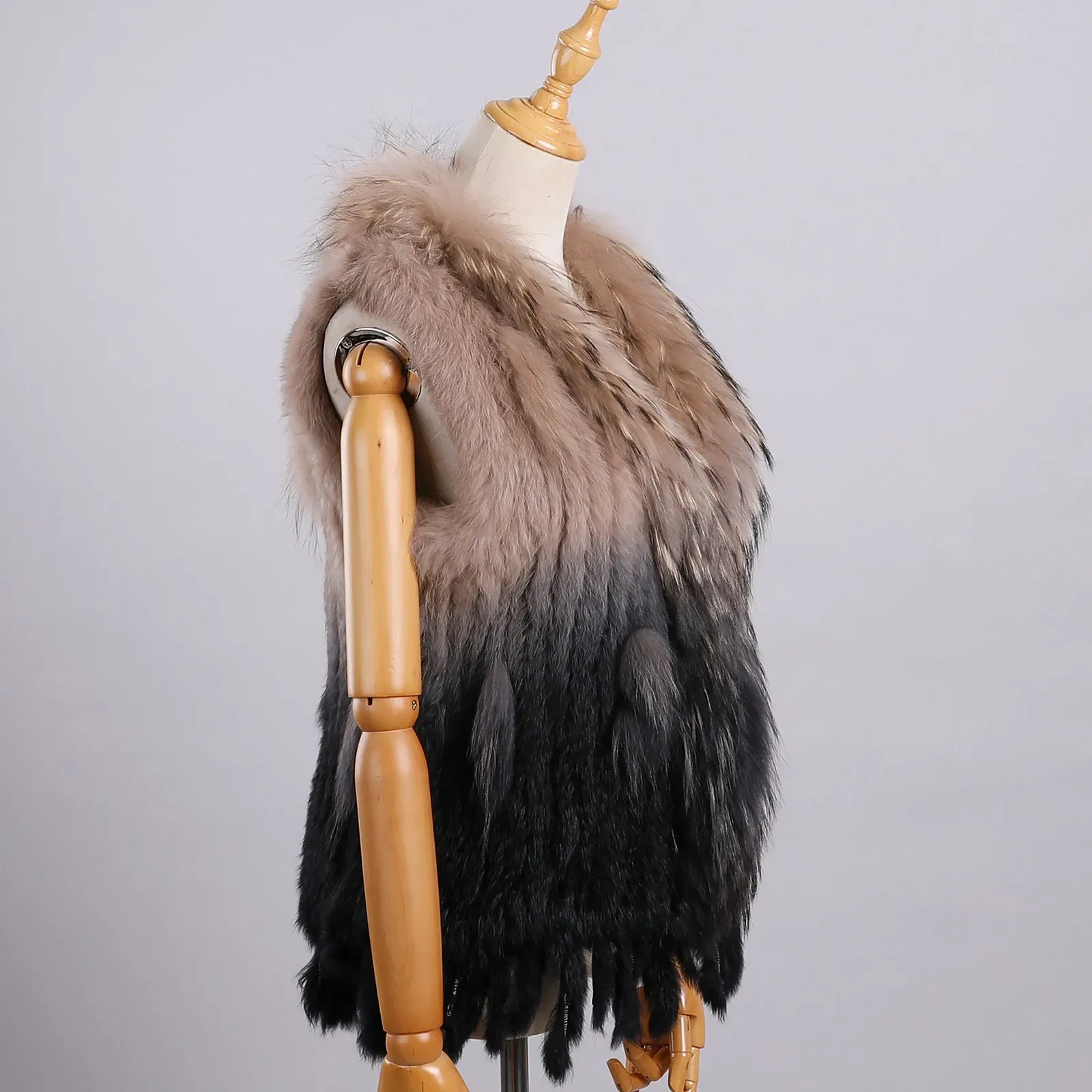 Color: Khaki, Size: S - Luxury Women's Genuine Premium Long Hair Rabbit Fur Knit Vest Raccoon Fur Trim Gilet Lady Sleeveless Waistcoat Real Fur Jacket