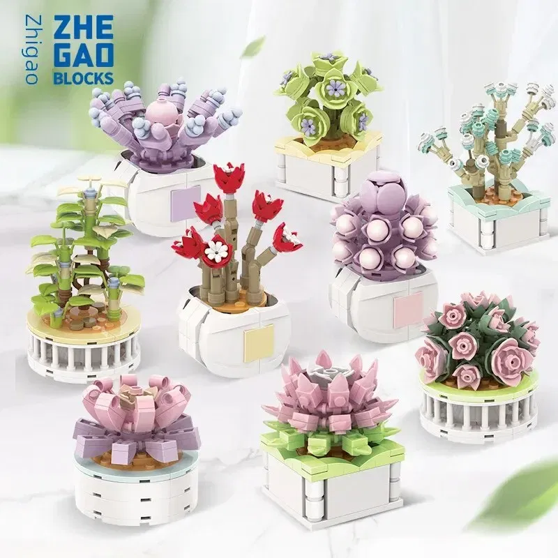Ships From: CHINA, Color: Pink - Zhegao Cute Succulent Plant Building Blocks Potted Plant Assembly Toy Small Particle Desktop Ornament For Girls