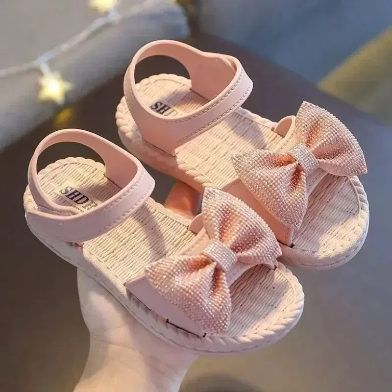Color: Blue, Shoe Size: 3.5 - Girls Sandals 2024 Summer Princess Children Sandals Bow Tie Girl Shoes Fashion Casual Non Slip Kids Beach Shoes