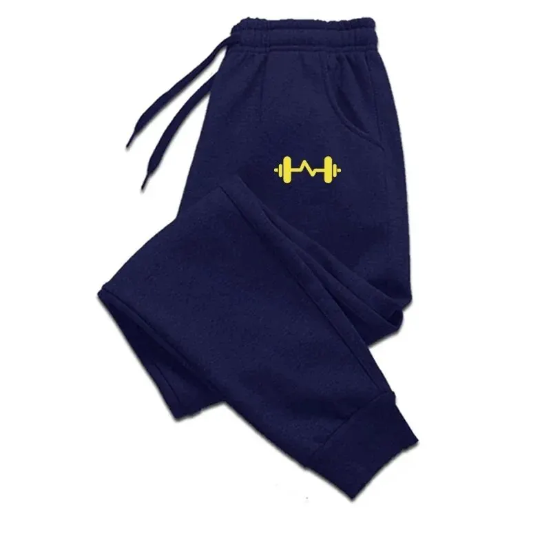 Size: XXL, Color: black - 2024 Barbell Printed Fleece Men's Trousers Autumn Winter Pants Fashion Drawstring Casual Male Sweatpants Jogging Sports Pants