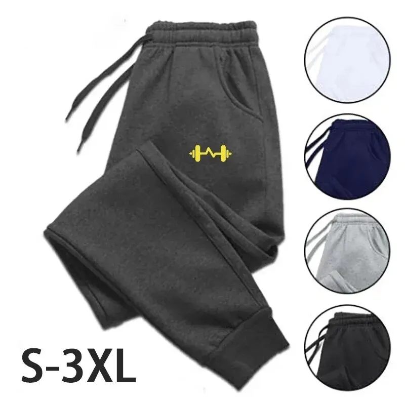 Size: XXL, Color: black - 2024 Barbell Printed Fleece Men's Trousers Autumn Winter Pants Fashion Drawstring Casual Male Sweatpants Jogging Sports Pants