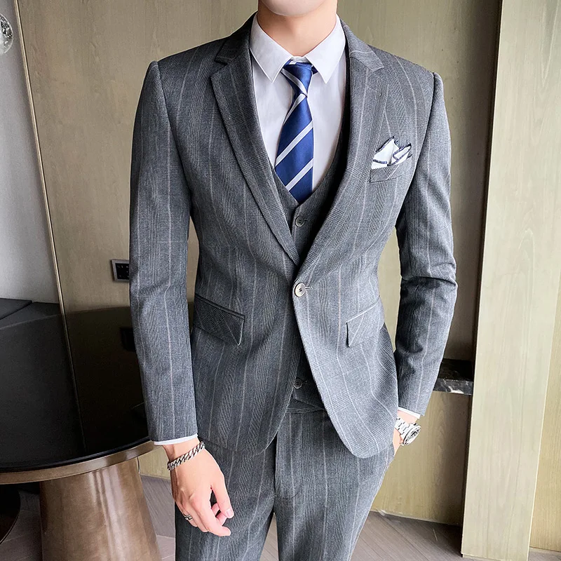 Color: Champagne, Size: L - Gray Men Classic Striped/Checked Suits, Business Office 3 Piece, Asian Size Slim Fit Men Dress Jacket & Pants with Vest, S-4XL