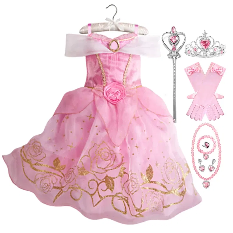 Color: Gold, Kid Size: 4T - Children Halloween Disguise Aurora Cinderella Disney Princess Costume Festival Dress up Kids Girls Sleeping Beauty Frock 1-12Yrs