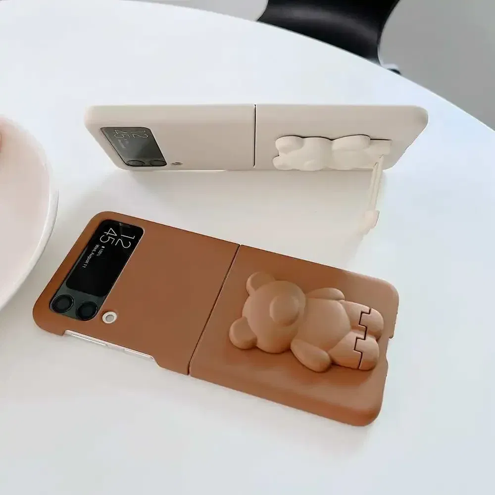 Color: Frosted Black, Material: Canvas - 3D Bear Bracket Kickstand Cute Case For Samsung Galaxy Z Flip 5 4 3 Hard Phone Case For Samsung Z Flip 3 4 Flip5 ZFlip4 Cover