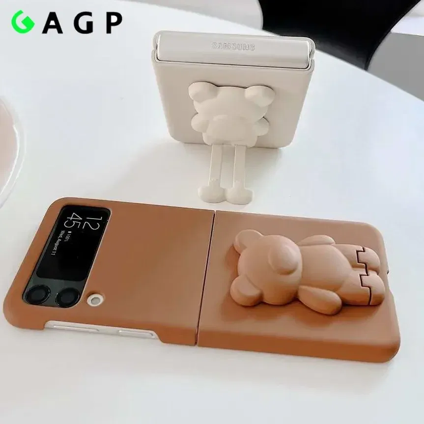 Color: Frosted Black, Material: Canvas - 3D Bear Bracket Kickstand Cute Case For Samsung Galaxy Z Flip 5 4 3 Hard Phone Case For Samsung Z Flip 3 4 Flip5 ZFlip4 Cover