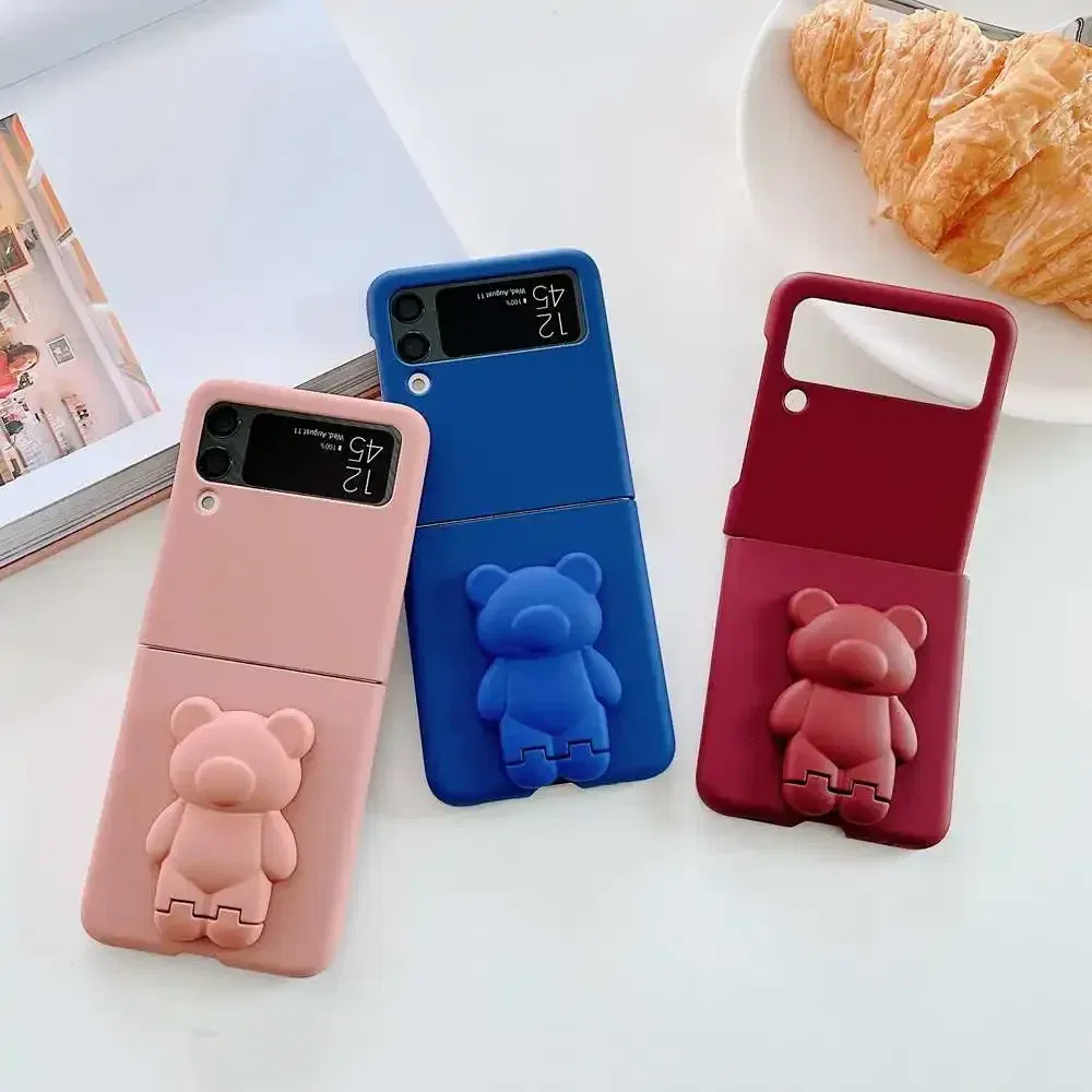 Color: Frosted Black, Material: Canvas - 3D Bear Bracket Kickstand Cute Case For Samsung Galaxy Z Flip 5 4 3 Hard Phone Case For Samsung Z Flip 3 4 Flip5 ZFlip4 Cover