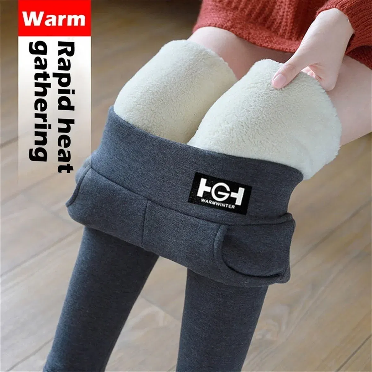 Color: SKY BLUE, Size: XXXL - Winter Women Leggings Solid Warm Leggings Thicken Lambwool Hight Waist Fleece Keep Butt Lift High Stretchy Walking Pants Pocket