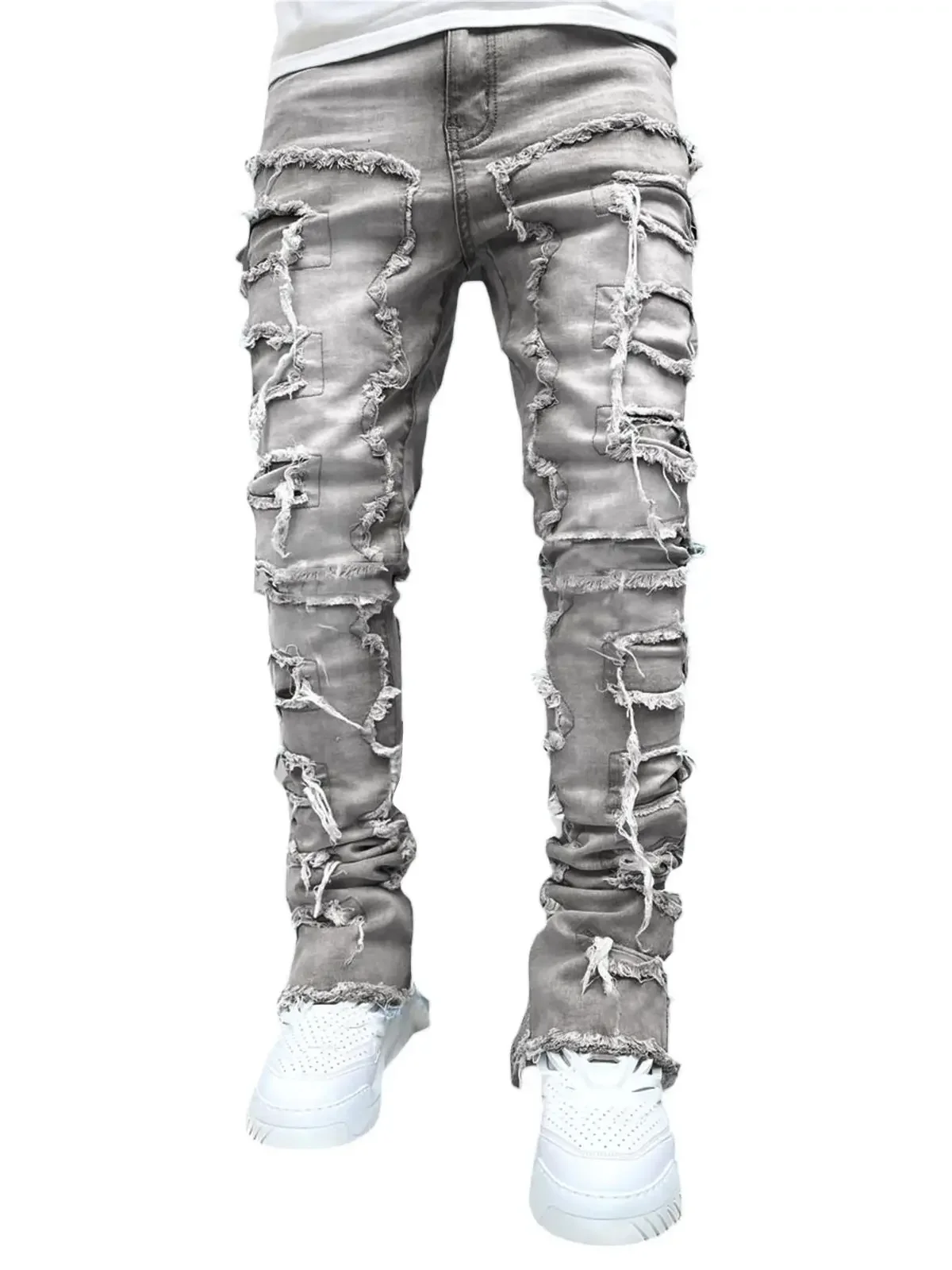 Color: GRAY, Size: XXL - Men's Regular Fit Stacked Jeans Ripped Slim Fit Patch Distressed Destroyed Straight Denim Pants Hip Hop Streetwear Trouser Cloth