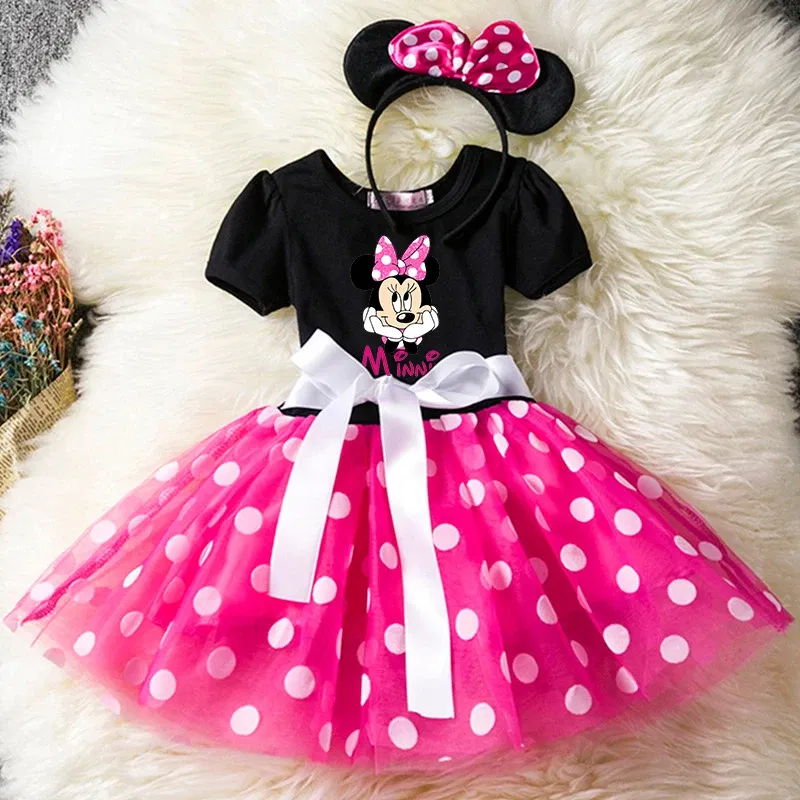 Color: Yellow, Size: XS - Mickey Minnie Mouse Cartoon Kids Short Sleeve Polka Dot Princess Dress Party Baby Girls Clothes Cosplay Costumes 1-6Y