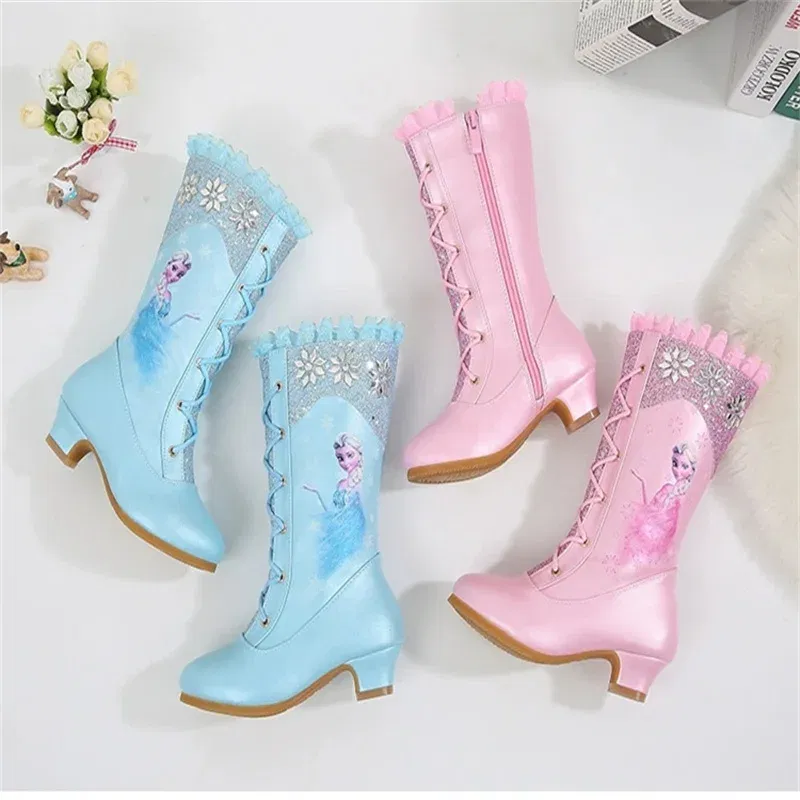 Color: Pink, Shoe Size: 25.5 - Disney Girls' Leather Boots Winter Frozen Boots Side Zipper High Plush Princess Elsa Boots Warm Children's Boots Size 27-37