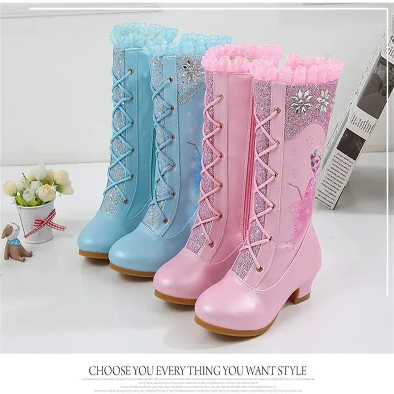 Color: Pink, Shoe Size: 25.5 - Disney Girls' Leather Boots Winter Frozen Boots Side Zipper High Plush Princess Elsa Boots Warm Children's Boots Size 27-37