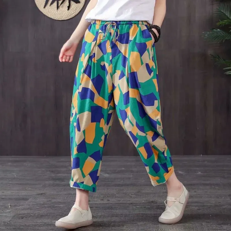 Color: Gold, Size: XXXL - Cotton and Linen Pants for Women Summer  Printing Harem Pants Female Mother Loose Retro Fashion Women's Ankle Length  Pants