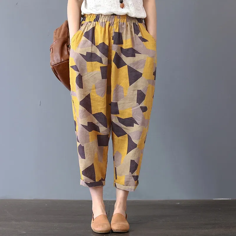 Color: Gold, Size: XXXL - Cotton and Linen Pants for Women Summer Printing Harem Pants Female Mother Loose Retro Fashion Women's Ankle Length Pants