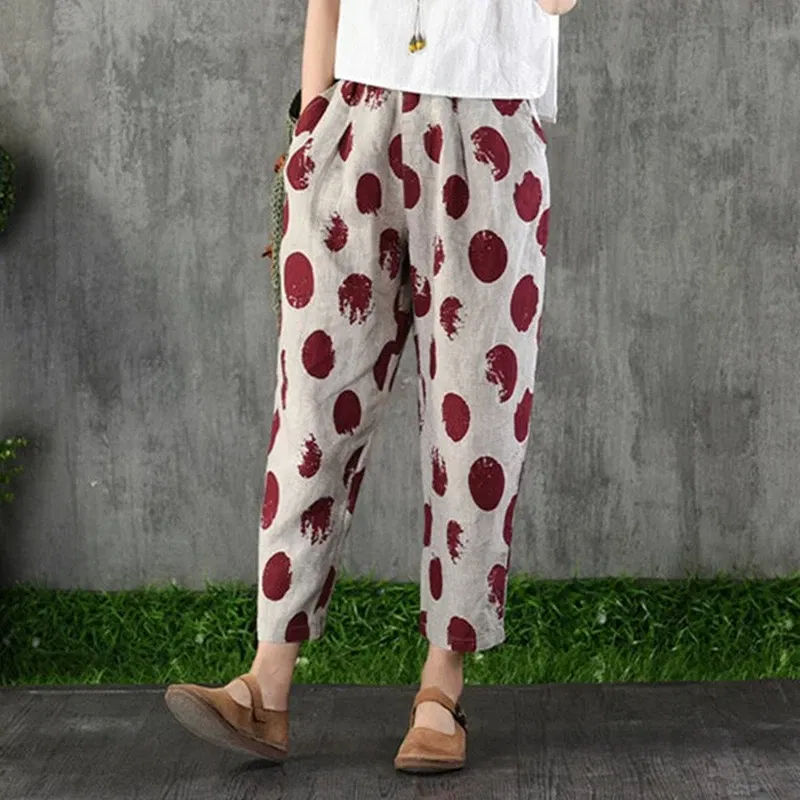 Color: Gold, Size: XXXL - Cotton and Linen Pants for Women Summer Printing Harem Pants Female Mother Loose Retro Fashion Women's Ankle Length Pants