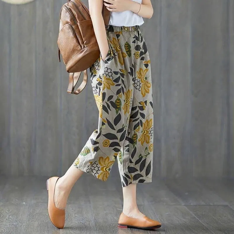 Color: Gold, Size: XXXL - Cotton and Linen Pants for Women Summer Printing Harem Pants Female Mother Loose Retro Fashion Women's Ankle Length Pants