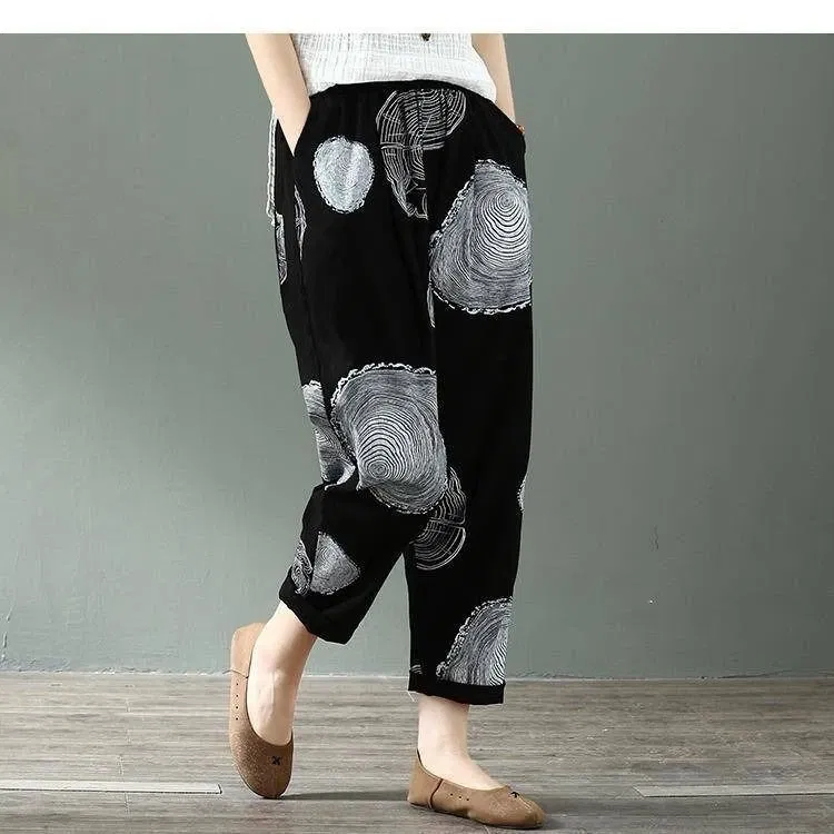 Color: Gold, Size: XXXL - Cotton and Linen Pants for Women Summer Printing Harem Pants Female Mother Loose Retro Fashion Women's Ankle Length Pants