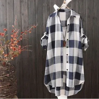 Color: Blue, Size: XL - Women's Plaid Cotton Shirt Chic Women Blouse Elegant and Youth Women's Blouses New In External Clothes Korean Style