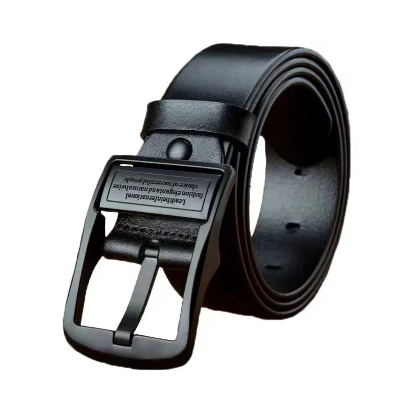 Color: black, Belt Length: 110cm - New Leather Cowhide Men's Belt Fashion Metal Alloy Pin Buckle Adult Luxury Brand Jeans Business Casual Waist Male Strap Brand