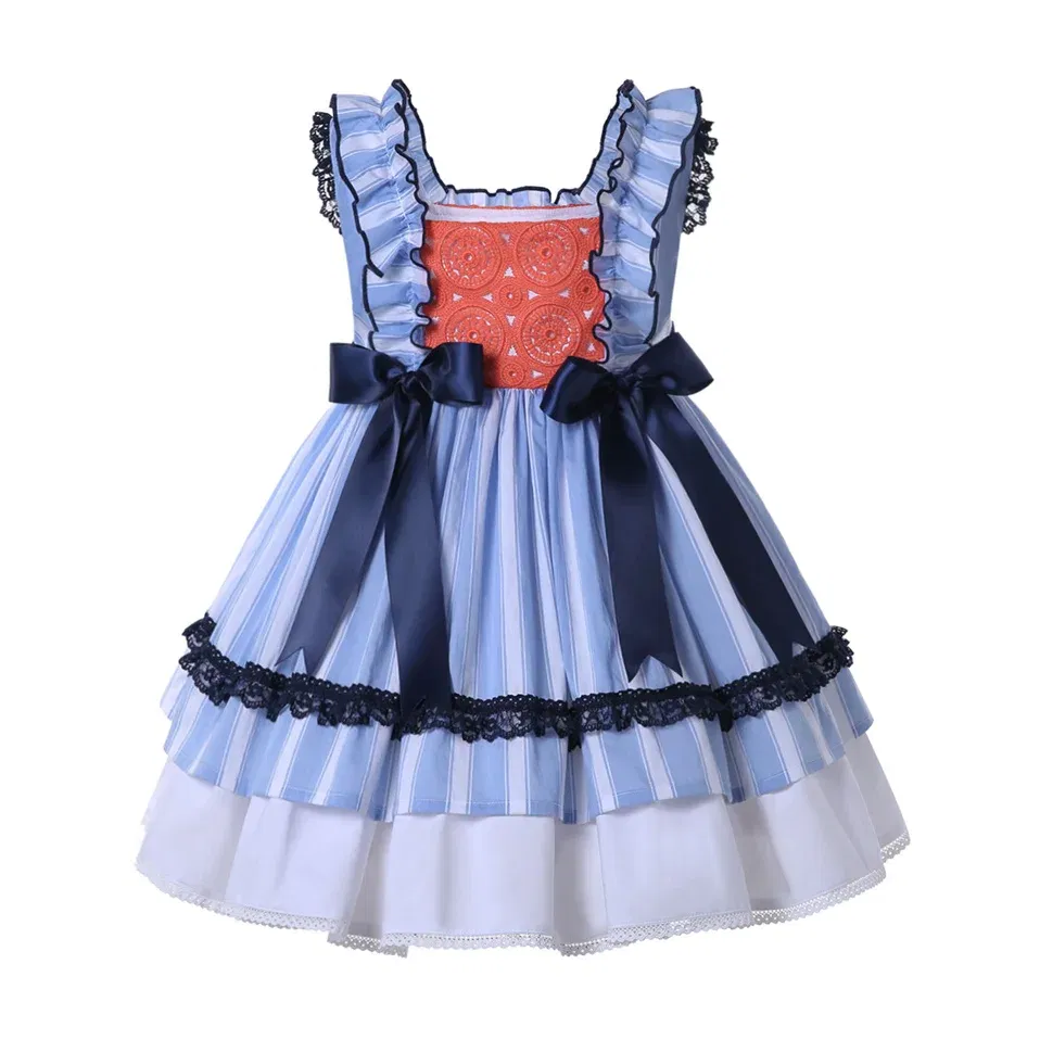 Color: MULTI, Kid Size: 5 - Pettigirl Summer Children Blue Stripe Baby Girls Princess Dresses for Evening Wedding Party Kids Birthday Gifts 2345681012 Years
