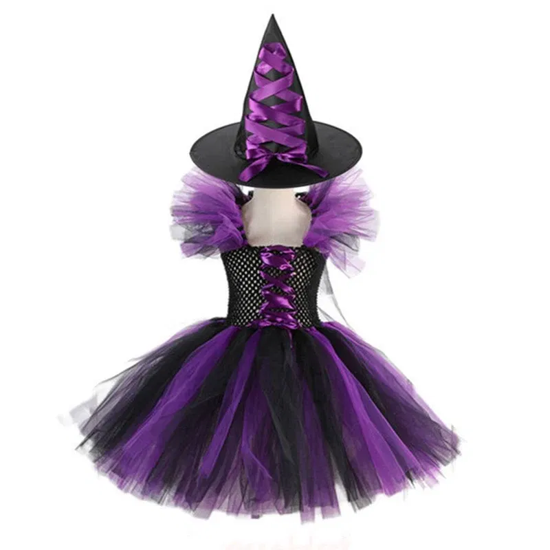 Color: Coffee, Kid Size: 5 - Halloween Witch Tutu Dress for Girls Handmade Mesh Bat Wizard Cosplay Costumes with Hat Broom Toddler Evil Party Clothes Set