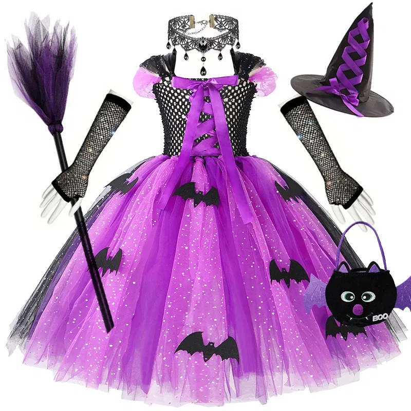Color: Coffee, Kid Size: 5 - Halloween Witch Tutu Dress for Girls Handmade Mesh Bat Wizard Cosplay Costumes with Hat Broom Toddler Evil Party Clothes Set