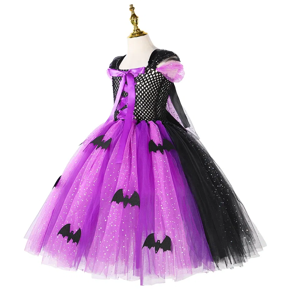Color: Coffee, Kid Size: 5 - Halloween Witch Tutu Dress for Girls Handmade Mesh Bat Wizard Cosplay Costumes with Hat Broom Toddler Evil Party Clothes Set