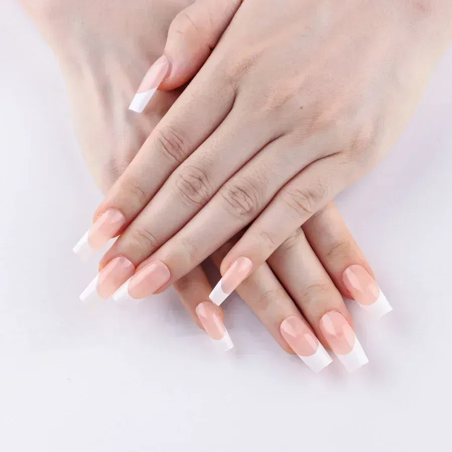 Color: Beige - 24Pcs/bag French False Nails Frosted Press on Fake Nail Tips Full Cover Artificial Fingernails Ballet Detachable