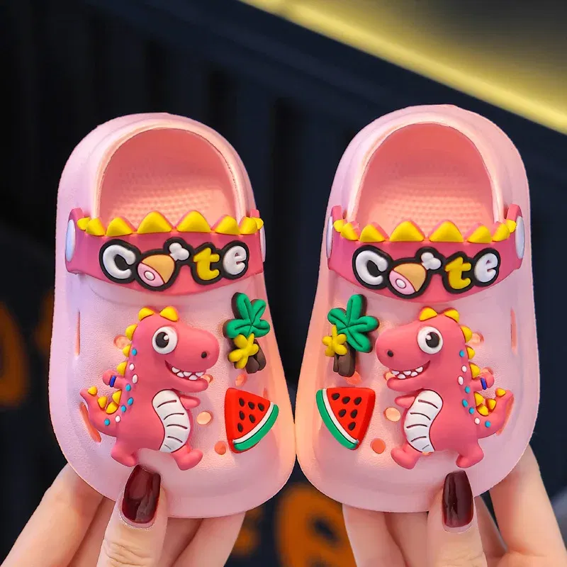 Color: Yellow, Shoe Size: 1.5 - Summer Childrens Slippers Hole Kids Sandals Soft Anti-Skid Cartoon Dinosaur DIY Design Indoor Anti-Slip Boys Girls Beach Shoes