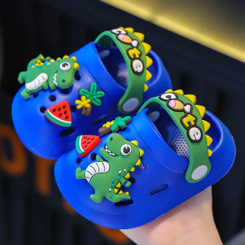 Color: Yellow, Shoe Size: 1.5 - Summer Childrens Slippers Hole Kids Sandals Soft Anti-Skid Cartoon Dinosaur DIY Design Indoor Anti-Slip Boys Girls Beach Shoes