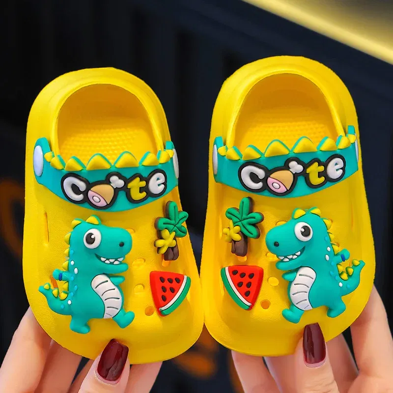 Color: Yellow, Shoe Size: 1.5 - Summer Childrens Slippers Hole Kids Sandals Soft Anti-Skid Cartoon Dinosaur DIY Design Indoor Anti-Slip Boys Girls Beach Shoes