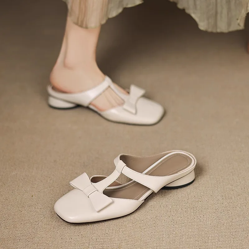 Color: Beige, Shoe Size: 40 - New Spring Summer Butterfly-Knot Patent Leather Pointed Toe Women Slippers Fashion Thin High Heels Mules Shoes Elegant Pumps