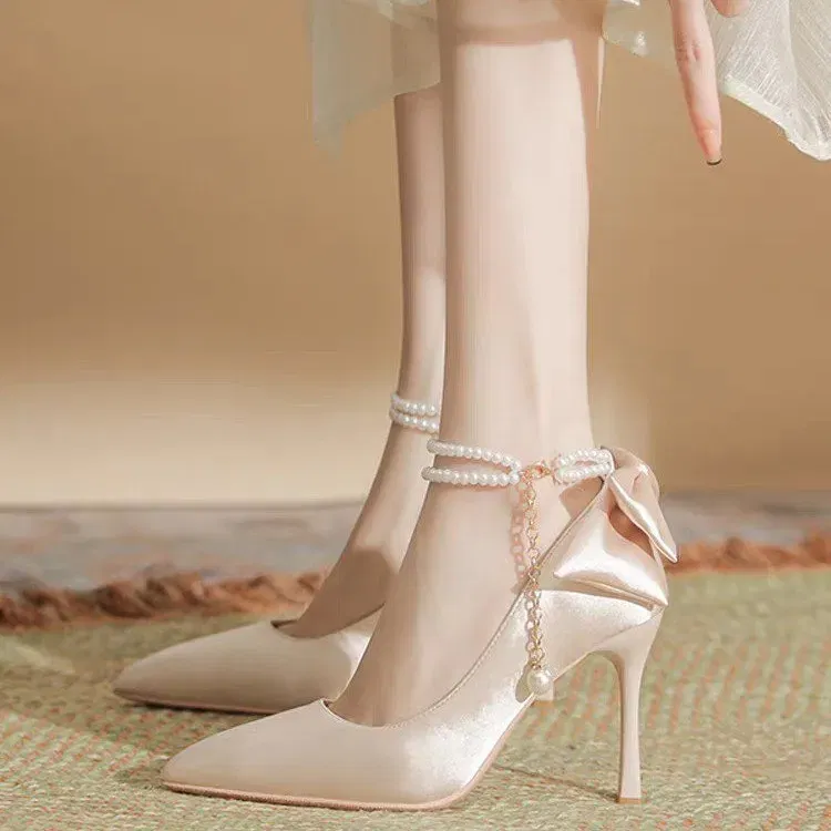 Color: Beige, Shoe Size: 40 - Size 35-40 Stiletto Heel Point Toe Pearls Buckle Belt 9cm High Heel Ladies Bow Satin Fabric White Wedding Shoes Women Pumps