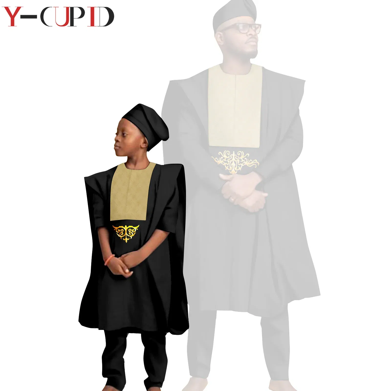 Color: Yellow, Size: L - African Clothes for Men Top Pants Robes Hat Sets Match Kid Boy Sets Dashiki Father and Son Bazin Riche Family Outfits Y20F001