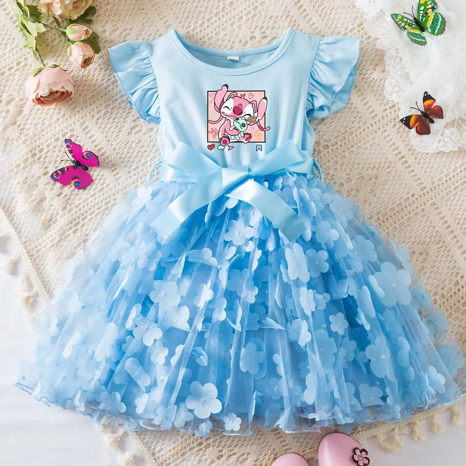 Color: Khaki, Size: XL - 3D Butterfly Cute Lilo Stitch Summer Dress for Kid's Casual Clothes Baby Girls Beautiful Princess Dress Party Dresses 2-6 Yrs