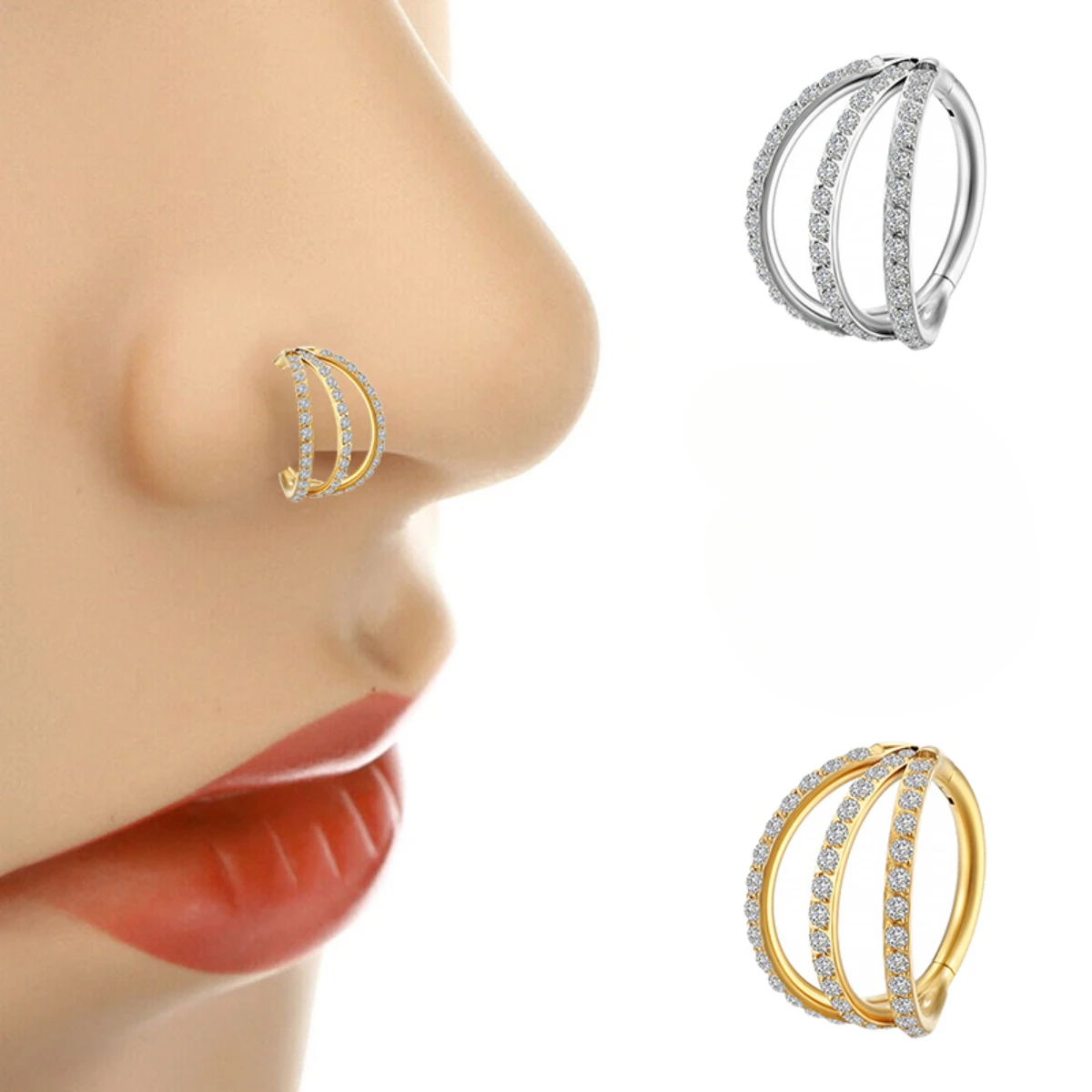 Metal color: Light Yellow Gold Color, Main Stone Color: black - G23 Titanium Piercing Hinged Segment Hoops CZ Stone Nose Rings Ear Cartilage Tragus Helix Earrings Piercing Body Jewelry