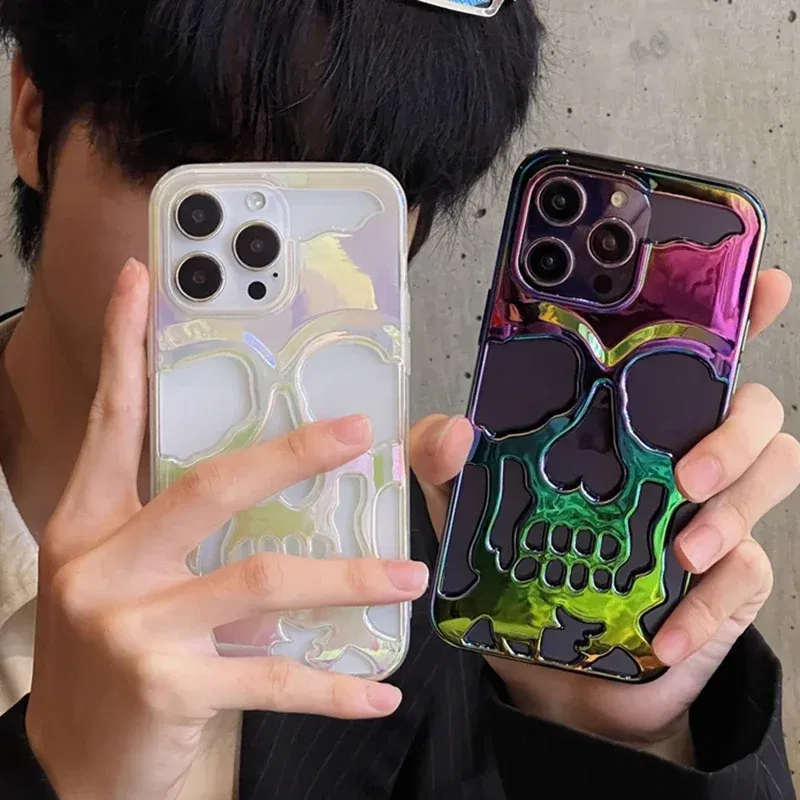 Color: Ivory, Material: ABS - 3D Skull Ghostface Phone Case for iPhone 14 15 ProMax 11 12 13 Pro Max Plus Fashion Hollow Heat Dissipation Plating Slim Cover