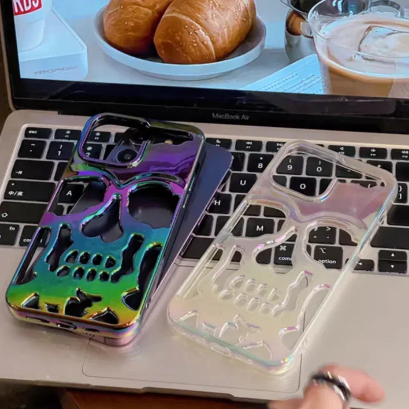 Color: Ivory, Material: ABS - 3D Skull Ghostface Phone Case for iPhone 14 15 ProMax 11 12 13 Pro Max Plus Fashion Hollow Heat Dissipation Plating Slim Cover