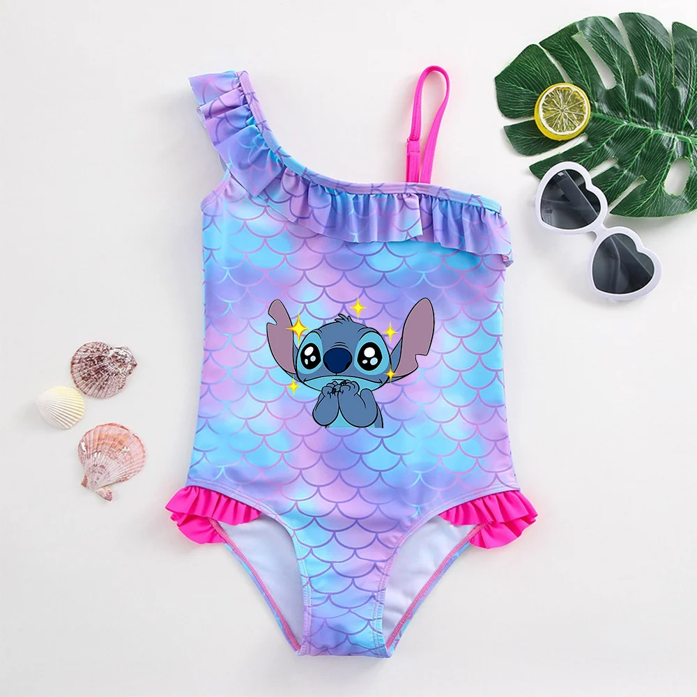 Color: GRAY, Size: L - Stitch Girls Swimsuit Fashion Mermaid Fish Scale One-Piece Bathing Suits Children's Dresses Summer Swimwear Beach Suit Kids Wear