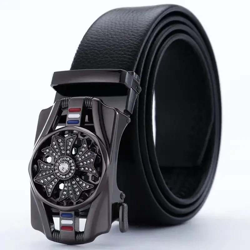 Color: Brown, Belt Length: 120cm - Man PU Leather Belt High Quality Men Business Belt Golden Automatic Buckle Waist Buckle Rhinestone Decoration Males Luxury Belt