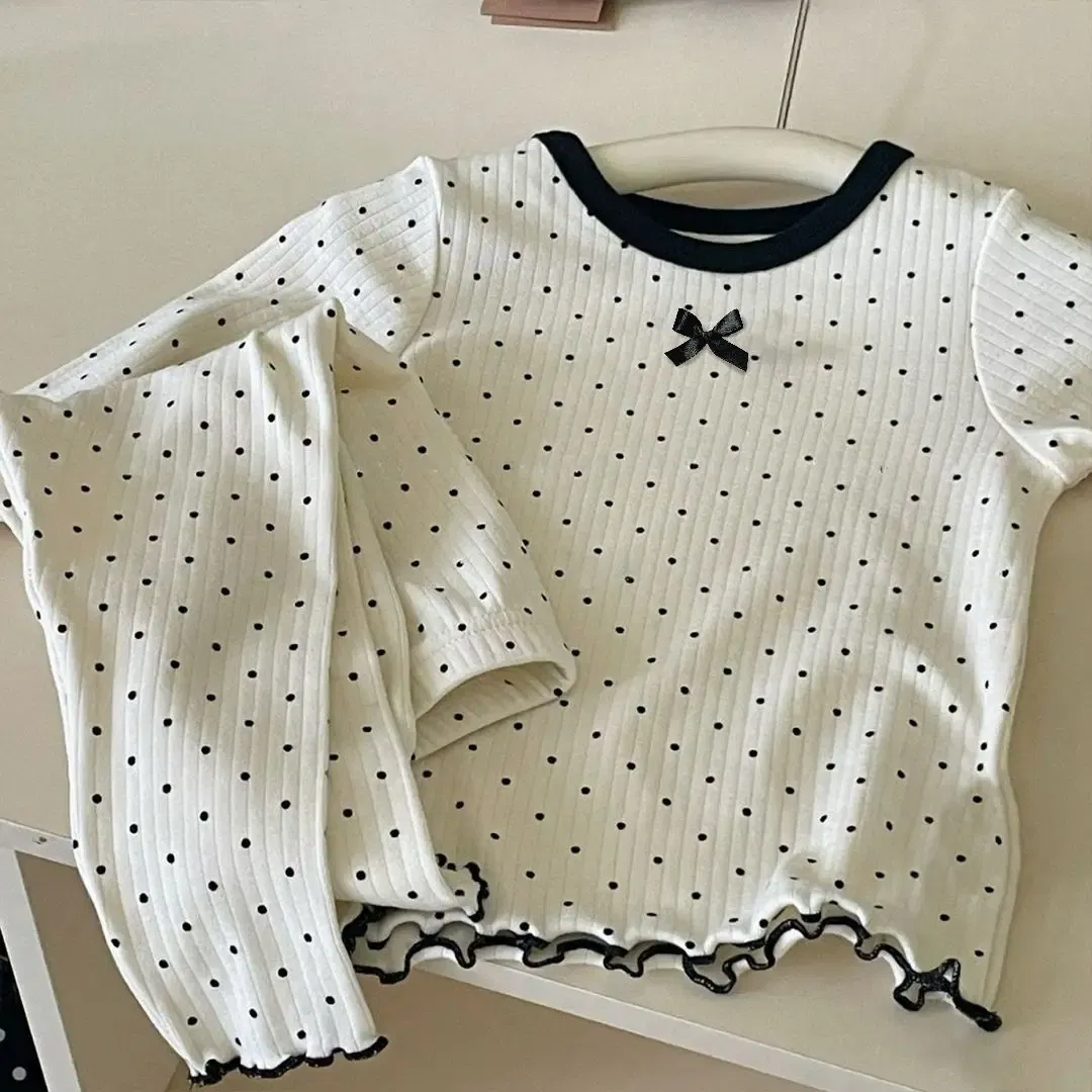 Color: Beige, Kid Size: 12M - Korean Girls' Loungewear Set - Dot Bow Pajamas & Soft Cotton Homewear | Fall Toddler Outfit Toddler Girl Clothes