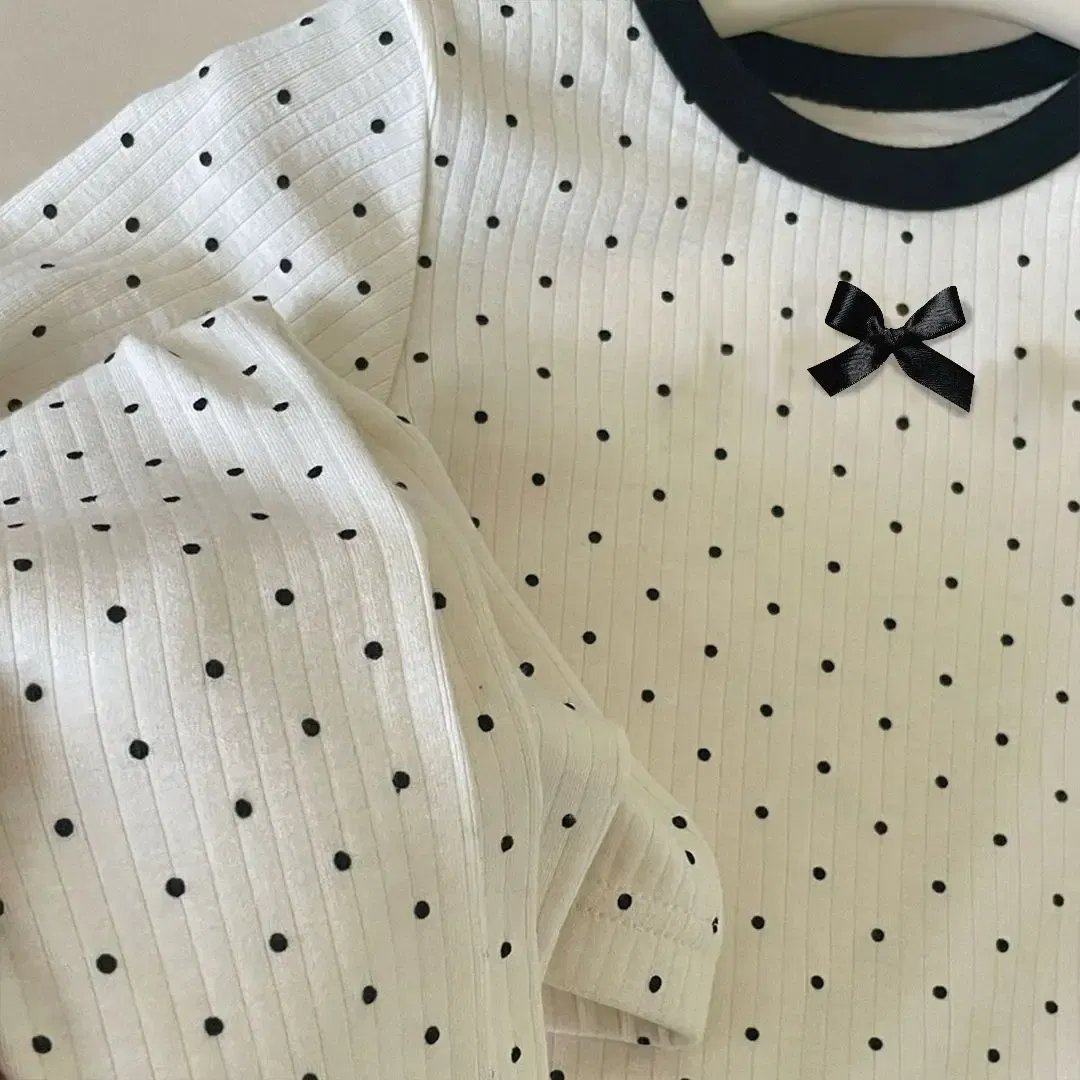 Color: Beige, Kid Size: 12M - Korean Girls' Loungewear Set - Dot Bow Pajamas & Soft Cotton Homewear | Fall Toddler Outfit  Toddler Girl Clothes